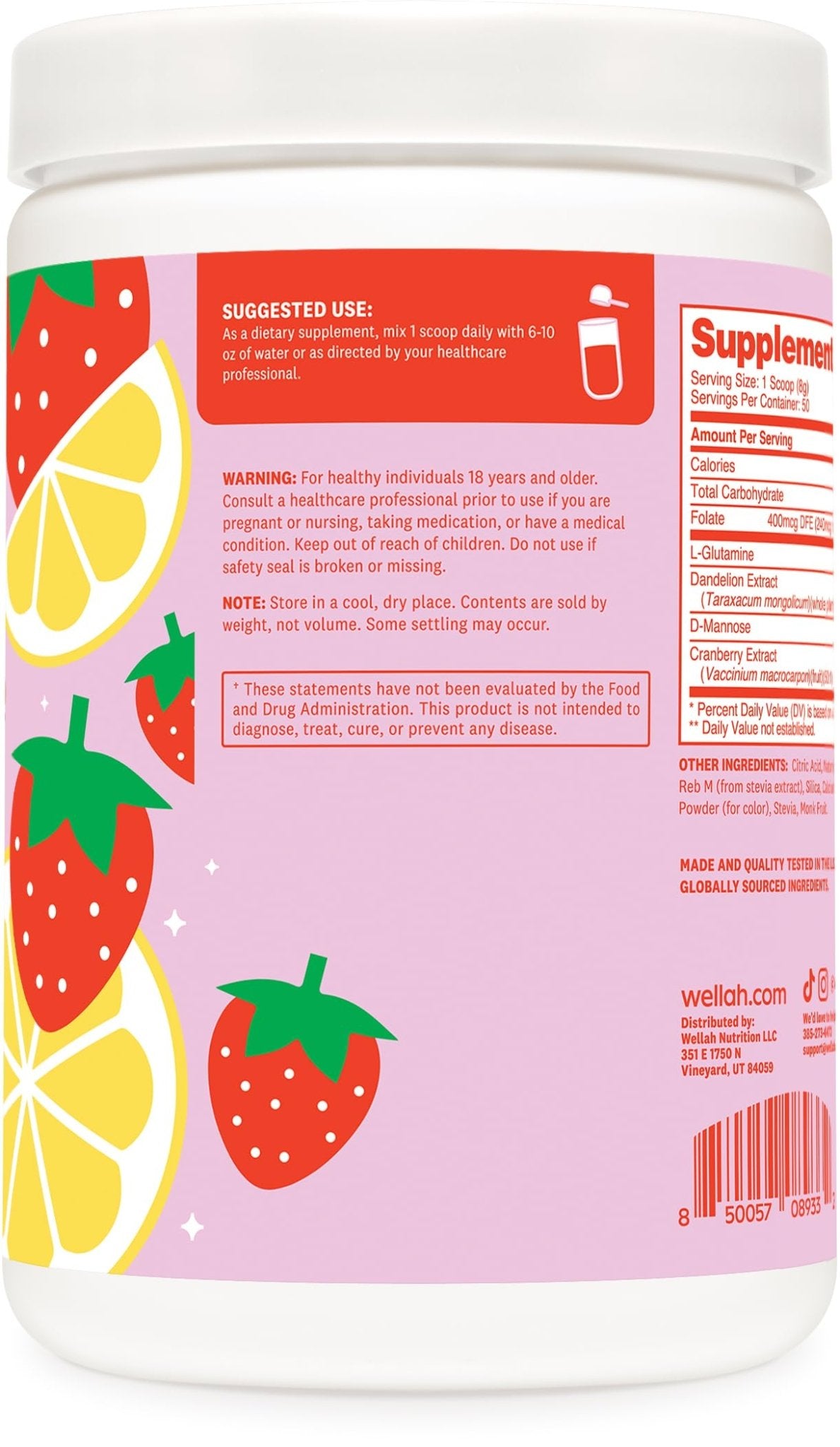 Wellah L-Glutamine Strawberry Lemonade Flavored (50 Servings) - 5g L-Glutamine Per Serving, Sweetened with Stevia - dailyvitalstore