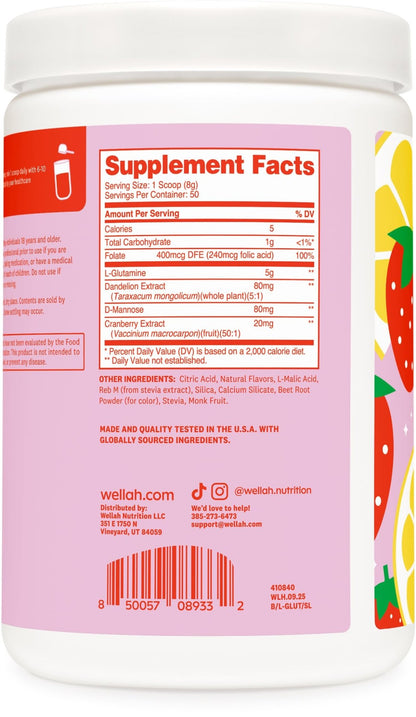 Wellah L-Glutamine Strawberry Lemonade Flavored (50 Servings) - 5g L-Glutamine Per Serving, Sweetened with Stevia - dailyvitalstore