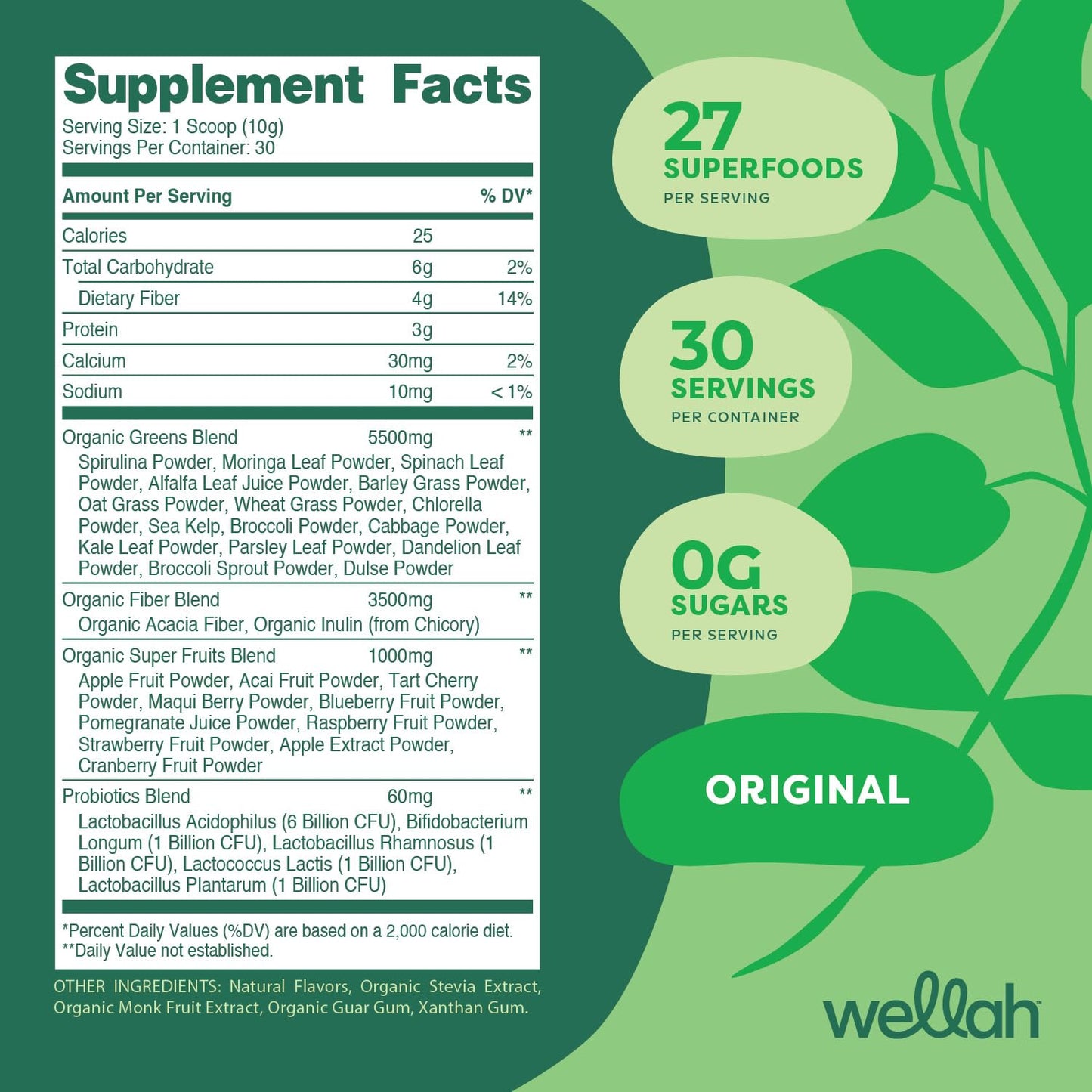Wellah Leaf, Laugh, Love Super Greens Powder (Unflavored) 30 Servings - Superfood Supplement Drink Mix - dailyvitalstore