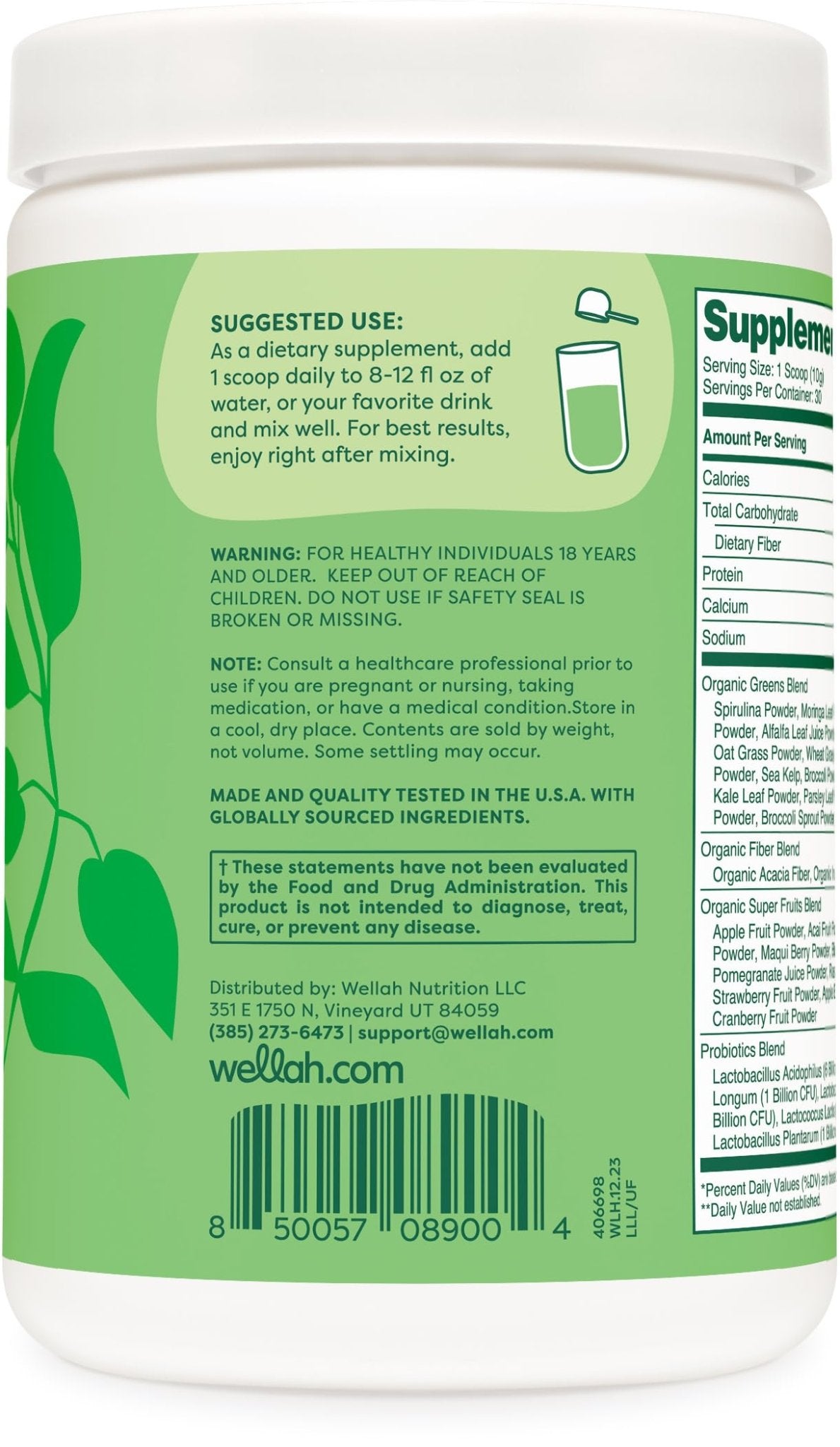Wellah Leaf, Laugh, Love Super Greens Powder (Unflavored) 30 Servings - Superfood Supplement Drink Mix - dailyvitalstore