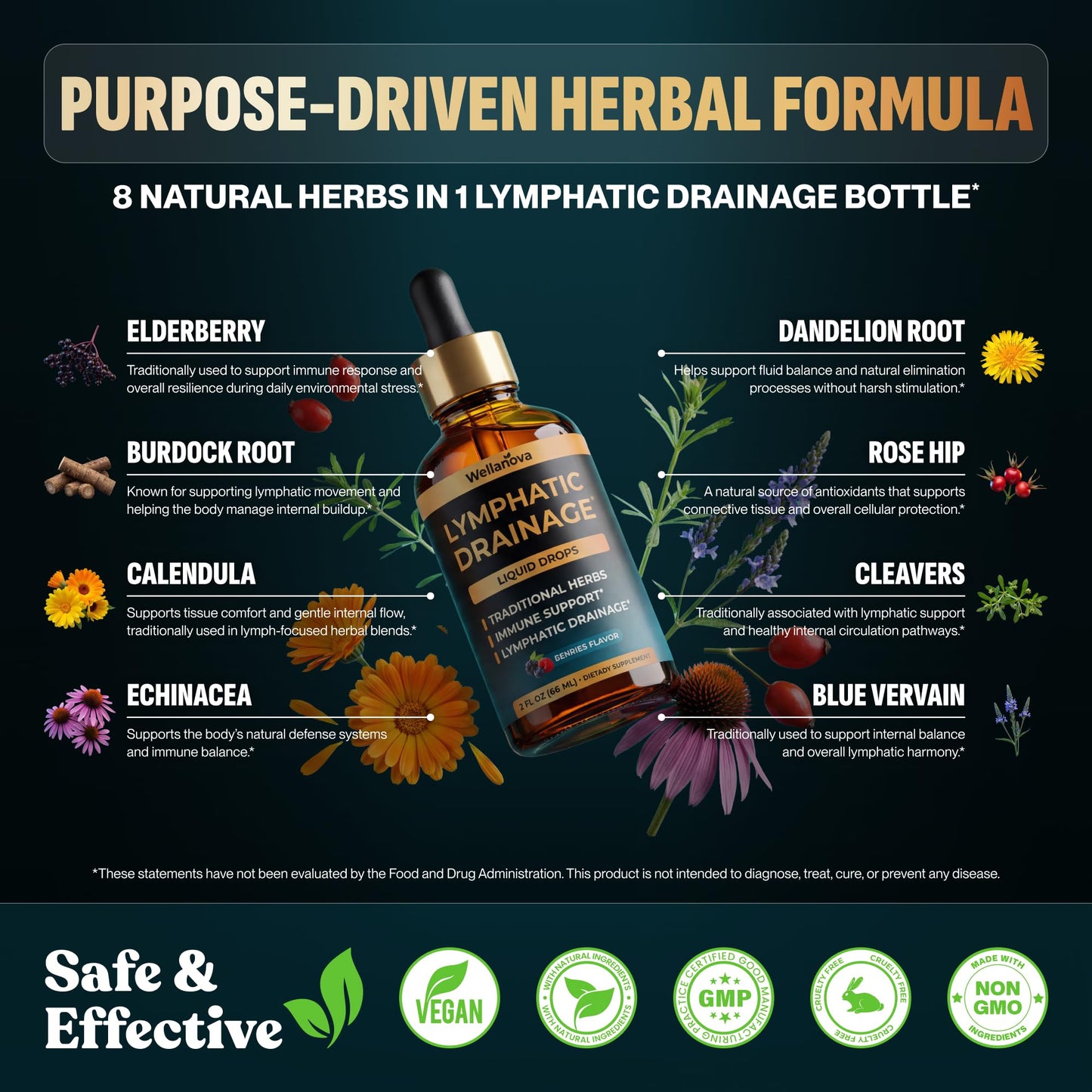 Wellanova Lymphatic Drainage Supplement - Organic Liquid Drops for Lymphatic Support & Detox - 8-in-1 Herbal Blend - Lymphatic Cleanse Complex with Burdock, Dandelion, Elderberry - 2 fl oz - dailyvitalstore