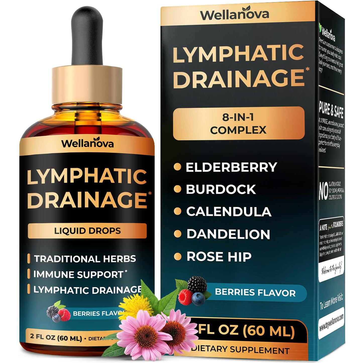 Wellanova Lymphatic Drainage Supplement - Organic Liquid Drops for Lymphatic Support & Detox - 8-in-1 Herbal Blend - Lymphatic Cleanse Complex with Burdock, Dandelion, Elderberry - 2 fl oz - dailyvitalstore