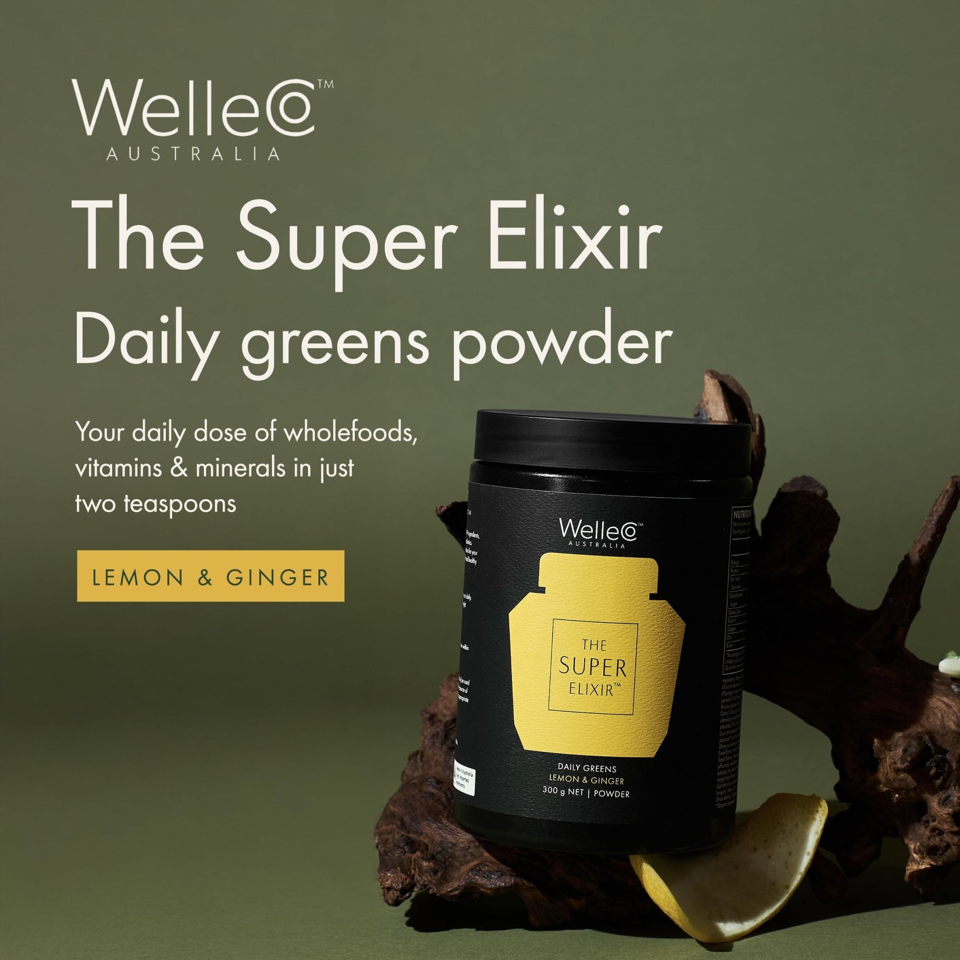 WelleCo The Super Elixir Daily Greens Powder, Probiotic Drink Mix with Whole Foods, Gluten Free, Vegan Gut Health Powder, Energy, Immunity, Healthy Skin, Hair & Nails (300g, Lemon Ginger) - dailyvitalstore