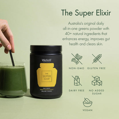 WelleCo The Super Elixir Daily Greens Powder, Probiotic Drink Mix with Whole Foods, Gluten Free, Vegan Gut Health Powder, Energy, Immunity, Healthy Skin, Hair & Nails (300g, Lemon Ginger) - dailyvitalstore