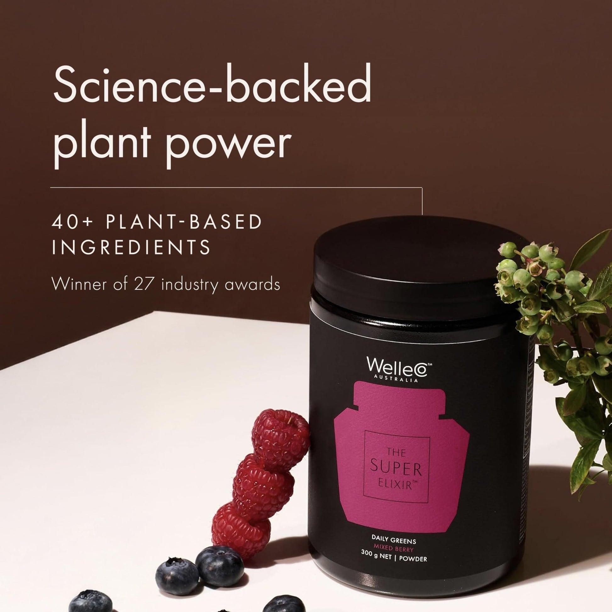 WelleCo The Super Elixir Daily Greens Powder, Probiotic Drink Mix with Whole Foods, Gluten Free, Vegan Gut Health Powder, Energy, Immunity, Healthy Skin, Hair & Nails (300g, Mixed Berry) - dailyvitalstore