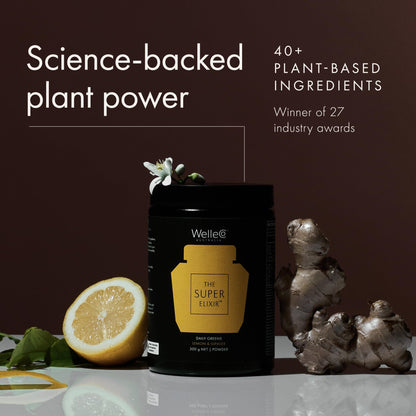 WelleCo The Super Elixir Daily Greens Powder, Probiotic Drink Mix with Whole Foods, Gluten Free, Vegan Gut Health Powder, Energy, Immunity, Healthy Skin, Hair & Nails (300g, Lemon Ginger) - dailyvitalstore