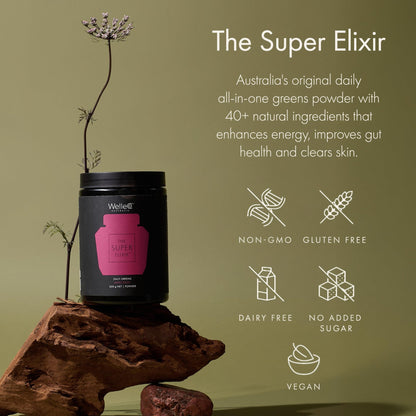 WelleCo The Super Elixir Daily Greens Powder, Probiotic Drink Mix with Whole Foods, Gluten Free, Vegan Gut Health Powder, Energy, Immunity, Healthy Skin, Hair & Nails (300g, Mixed Berry) - dailyvitalstore