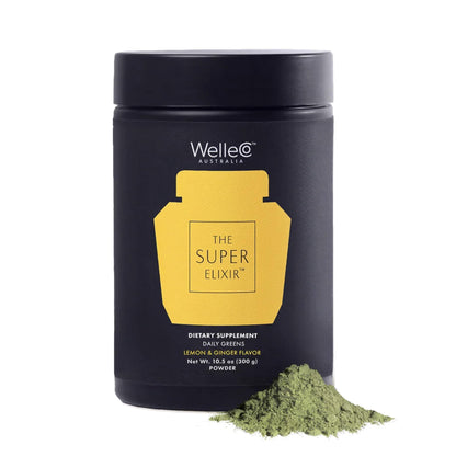 WelleCo The Super Elixir Daily Greens Powder, Probiotic Drink Mix with Whole Foods, Gluten Free, Vegan Gut Health Powder, Energy, Immunity, Healthy Skin, Hair & Nails (300g, Lemon Ginger) - dailyvitalstore