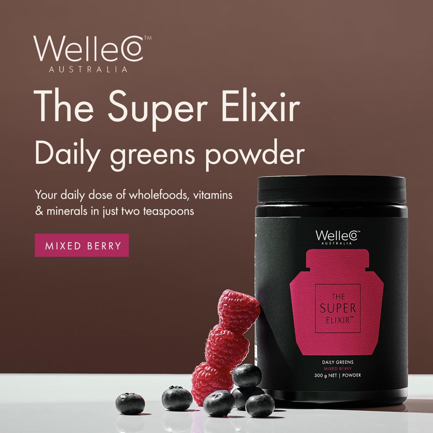 WelleCo The Super Elixir Daily Greens Powder, Probiotic Drink Mix with Whole Foods, Gluten Free, Vegan Gut Health Powder, Energy, Immunity, Healthy Skin, Hair & Nails (300g, Mixed Berry) - dailyvitalstore