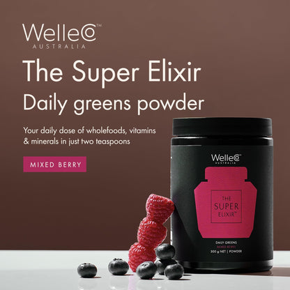 WelleCo The Super Elixir Daily Greens Powder, Probiotic Drink Mix with Whole Foods, Gluten Free, Vegan Gut Health Powder, Energy, Immunity, Healthy Skin, Hair & Nails (300g, Mixed Berry) - dailyvitalstore