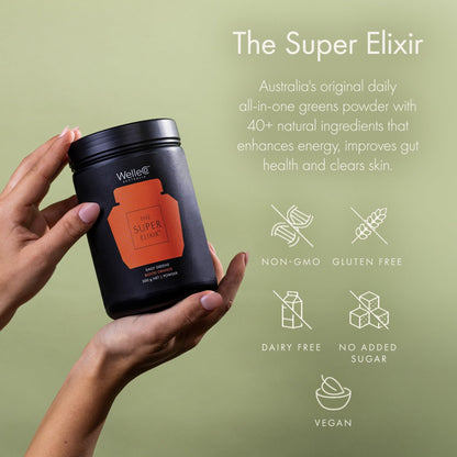 WelleCo The Super Elixir Daily Greens Powder, Probiotic Drink Mix with Whole Foods, Gluten Free, Vegan Gut Health Powder, Energy, Immunity, Healthy Skin, Hair & Nails (Jar, Blood Orange) - dailyvitalstore