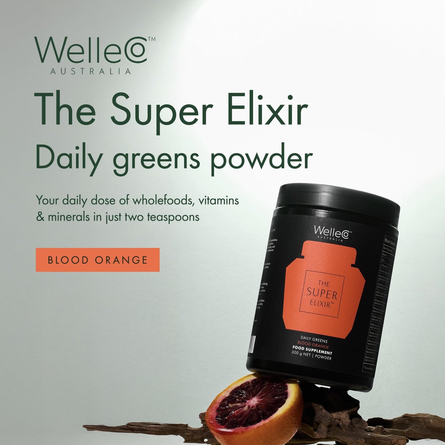 WelleCo The Super Elixir Daily Greens Powder, Probiotic Drink Mix with Whole Foods, Gluten Free, Vegan Gut Health Powder, Energy, Immunity, Healthy Skin, Hair & Nails (Jar, Blood Orange) - dailyvitalstore