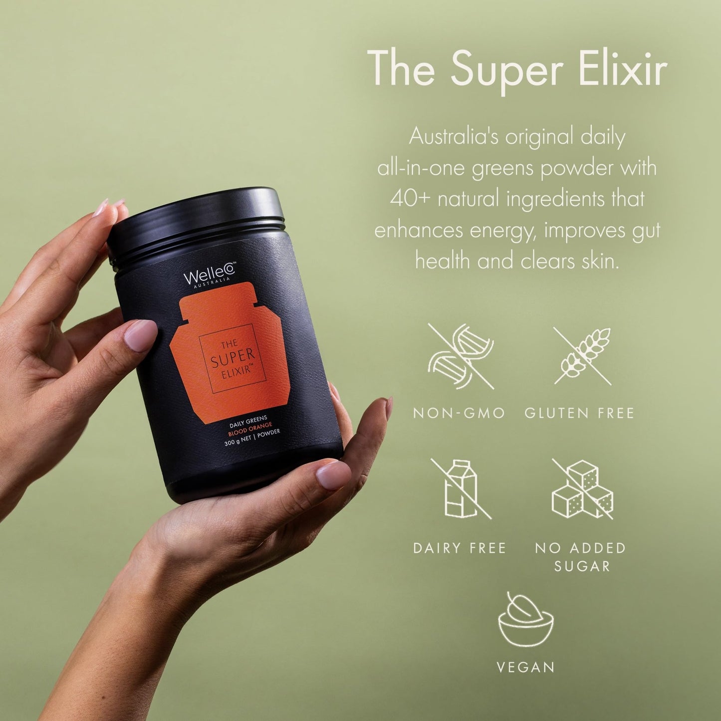 WelleCo The Super Elixir Daily Greens Powder, Probiotic Drink Mix with Whole Foods, Gluten Free, Vegan Gut Health Powder, Energy, Immunity, Healthy Skin, Hair & Nails (Jar, Blood Orange) - dailyvitalstore