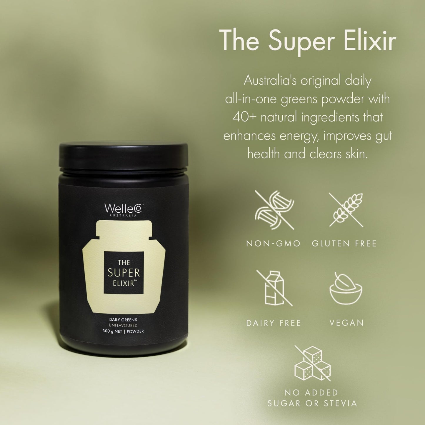 WelleCo The Super Elixir, Daily Greens Powder with Probiotics, Superfoods & Whole Foods, Unflavored Drink Mix for Gut Health, Immunity, Energy, Skin & Hair, 10.5oz Jar - dailyvitalstore