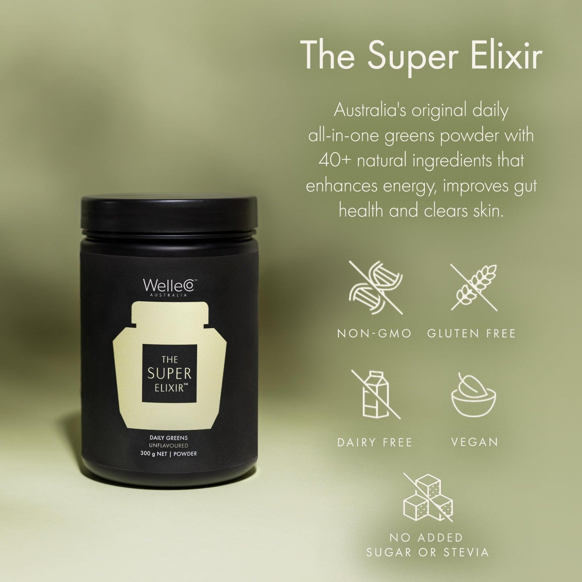 WelleCo The Super Elixir, Daily Greens Powder with Probiotics, Superfoods & Whole Foods, Unflavored Drink Mix for Gut Health, Immunity, Energy, Skin & Hair, 10.5oz Jar - dailyvitalstore