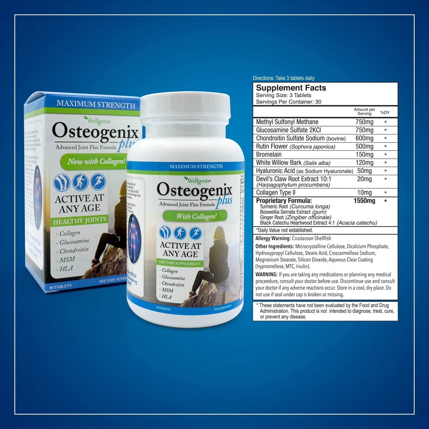 Wellgenix Osteogenix Advanced Joint Flex Formula (90 Ct) - Knee Supplement with Collagen II, Glucosamine, Chondroitin, MSM & HLA - Lubrication & Discomfort Support Tablets for Men & Women - dailyvitalstore