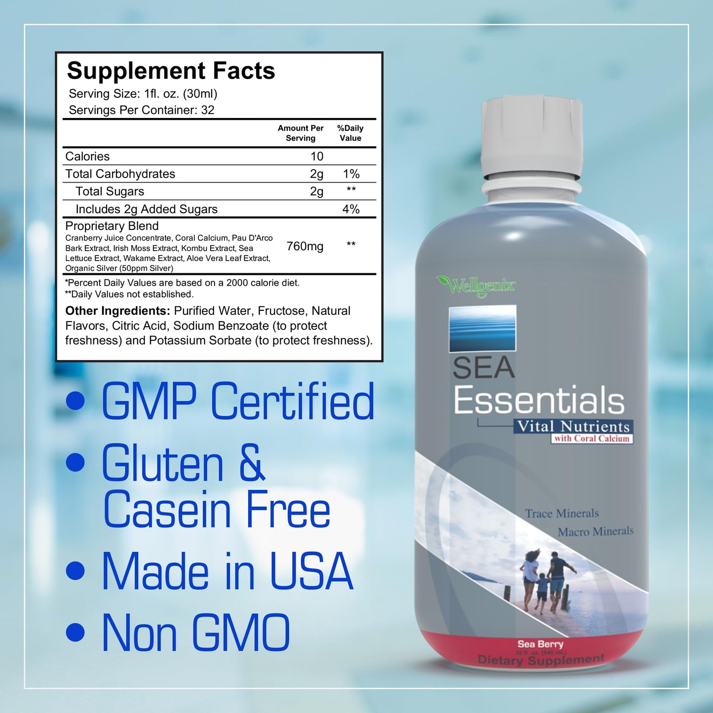 Wellgenix Sea Essentials Liquid Mineral Dietary Supplement with Trace and Macro Minerals and Coral Calcium – Sea Berry Flavor – 32 fl oz - dailyvitalstore