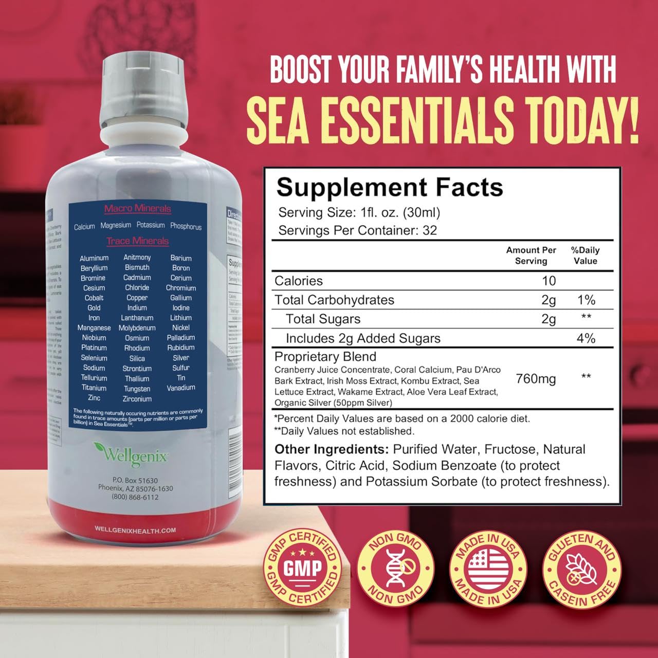 Wellgenix Sea Essentials Liquid Mineral Dietary Supplement with Trace and Macro Minerals and Coral Calcium – Sea Berry Flavor – 32 fl oz - dailyvitalstore