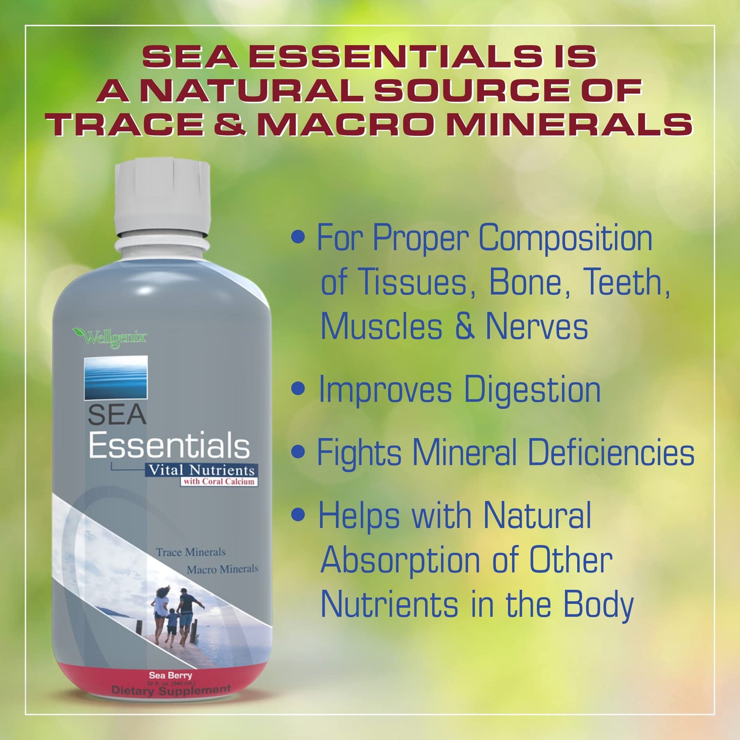 Wellgenix Sea Essentials Liquid Mineral Dietary Supplement with Trace and Macro Minerals and Coral Calcium – Sea Berry Flavor – 32 fl oz - dailyvitalstore