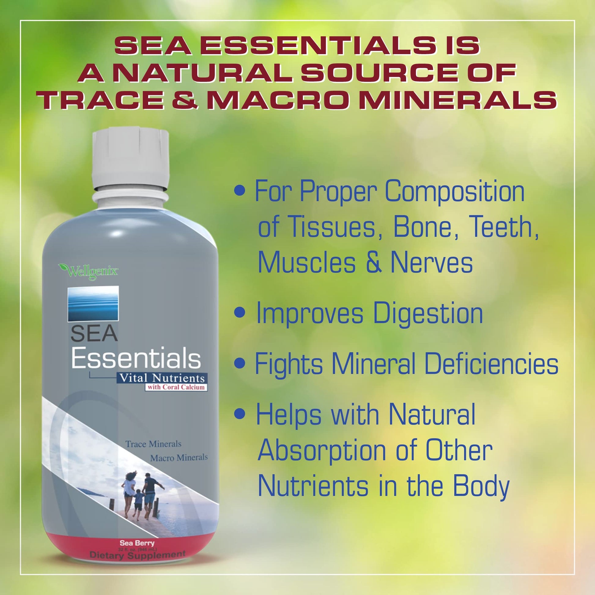 Wellgenix Sea Essentials Liquid Mineral Dietary Supplement with Trace and Macro Minerals and Coral Calcium – Sea Berry Flavor – 32 fl oz - dailyvitalstore