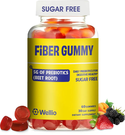 Wellio Fiber Gummies for Adults – Sugar Free Prebiotic Fiber Supplement with FOS, & Digestive Support – 5g Natural Fiber per Serving – Non-Stick Fruit Flavor – 60 Count – Made in USA - dailyvitalstore