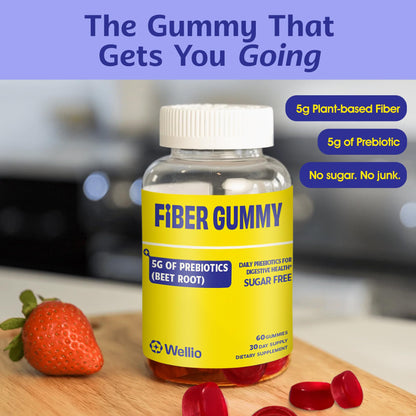 Wellio Fiber Gummies for Adults – Sugar Free Prebiotic Fiber Supplement with FOS, & Digestive Support – 5g Natural Fiber per Serving – Non-Stick Fruit Flavor – 60 Count – Made in USA - dailyvitalstore