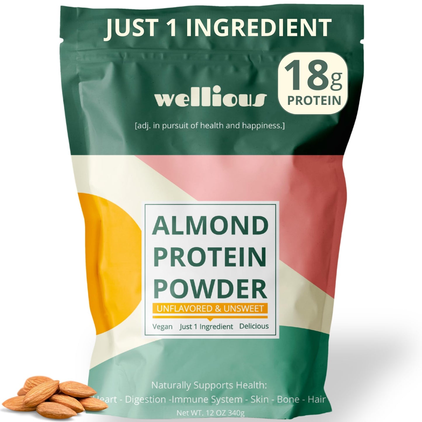 wellious Almond Protein Powder (Unflavored, Unsweetened) - 18 Grams of Pure Healthiest Vegan Protein for Women & Men | Soy-Free & Gut Friendly Protein - dailyvitalstore
