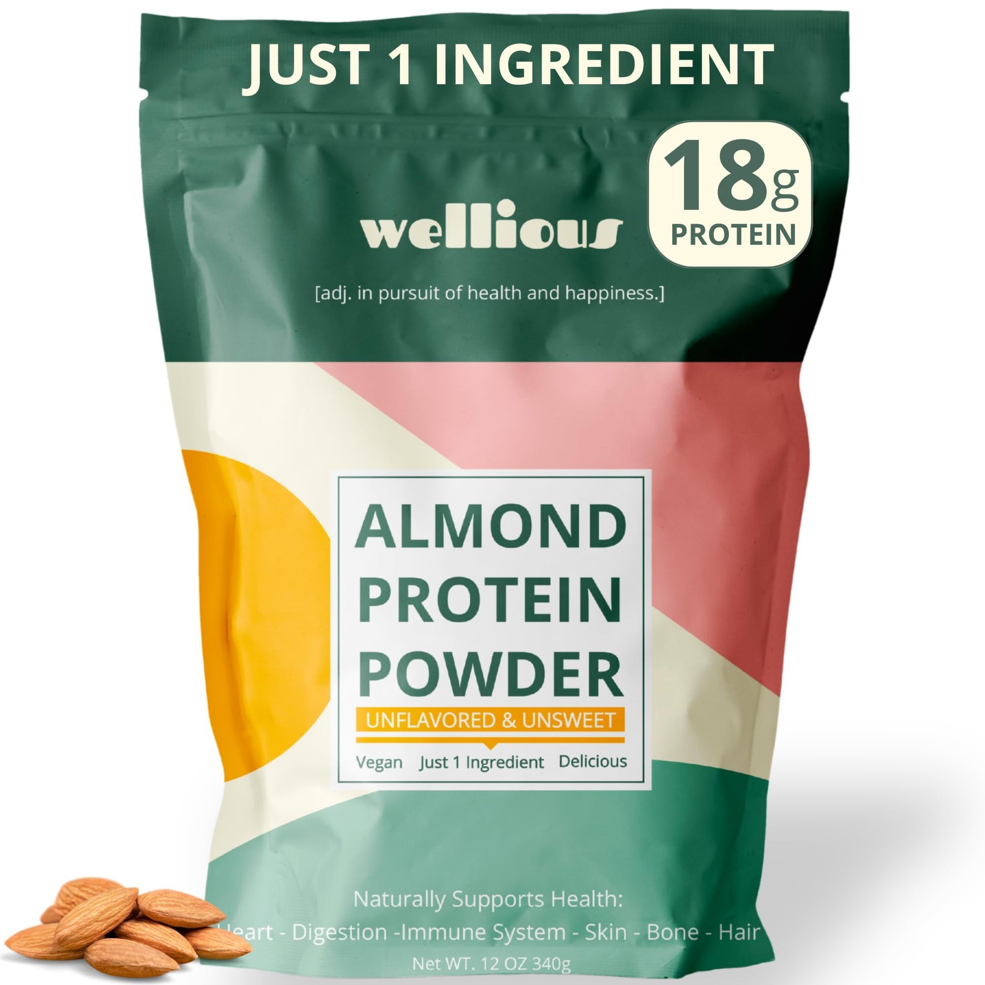 wellious Almond Protein Powder (Unflavored, Unsweetened) - 18 Grams of Pure Healthiest Vegan Protein for Women & Men | Soy-Free & Gut Friendly Protein - dailyvitalstore