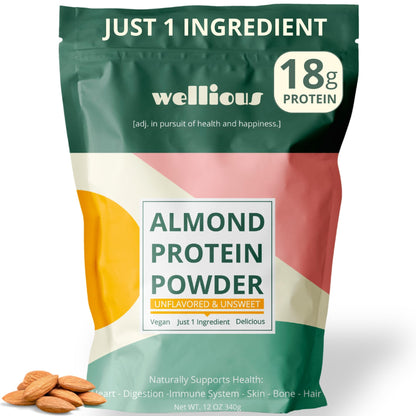 wellious Almond Protein Powder (Unflavored, Unsweetened) - 18 Grams of Pure Healthiest Vegan Protein for Women & Men | Soy-Free & Gut Friendly Protein - dailyvitalstore