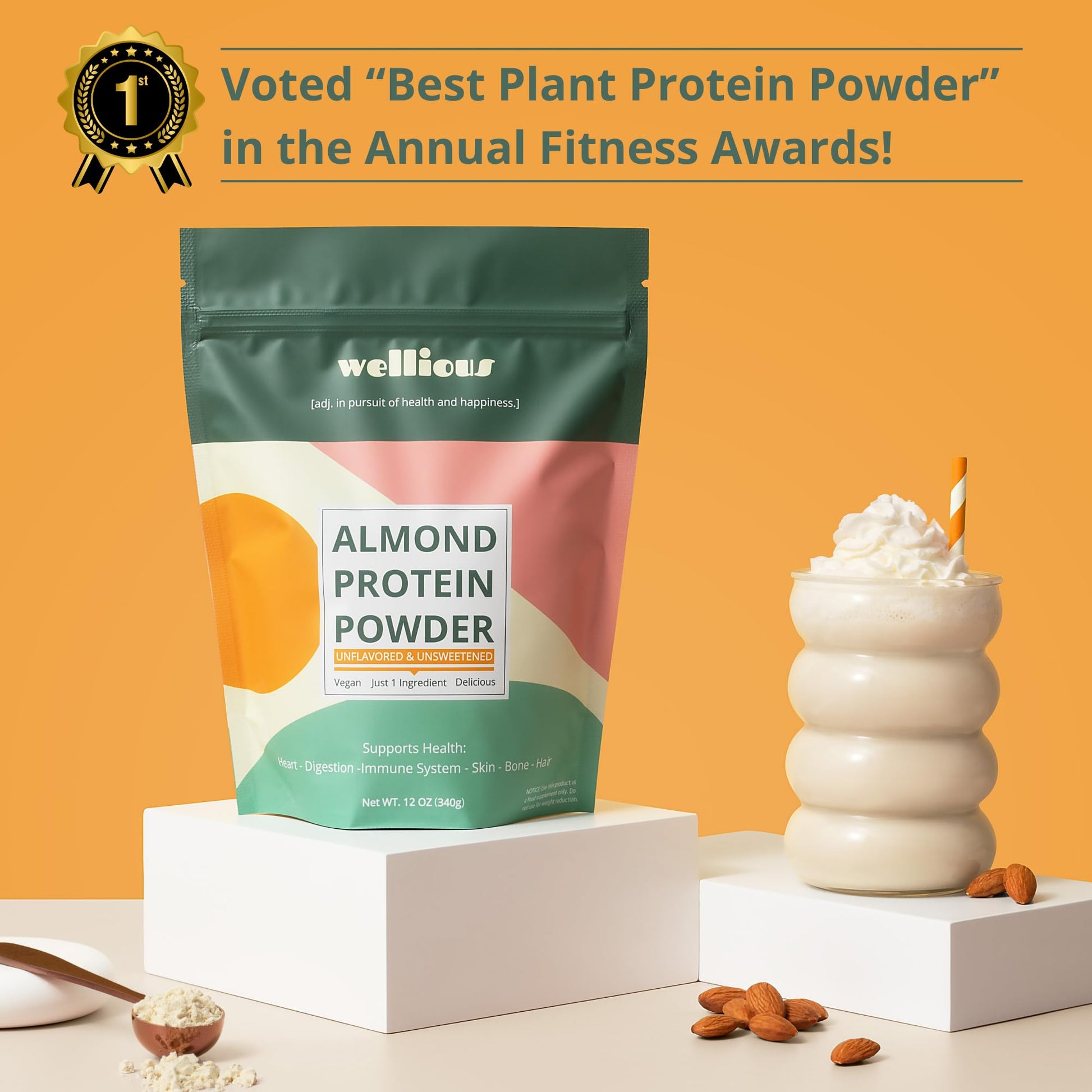wellious Almond Protein Powder (Unflavored, Unsweetened) - 18 Grams of Pure Healthiest Vegan Protein for Women & Men | Soy-Free & Gut Friendly Protein - dailyvitalstore