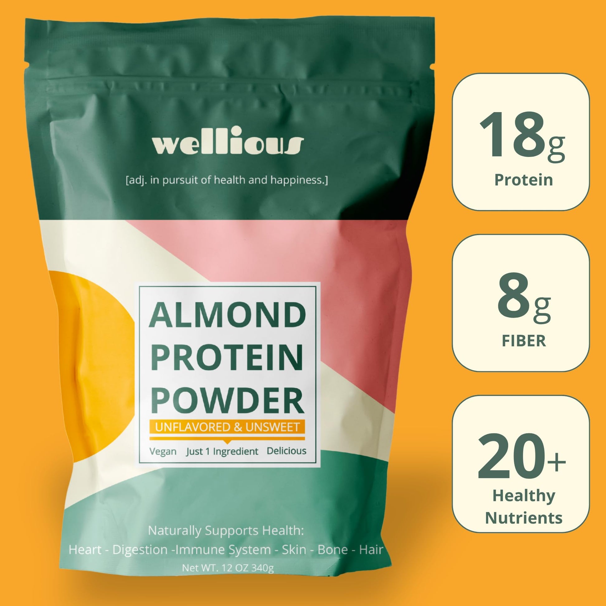 wellious Almond Protein Powder (Unflavored, Unsweetened) - 18 Grams of Pure Healthiest Vegan Protein for Women & Men | Soy-Free & Gut Friendly Protein - dailyvitalstore