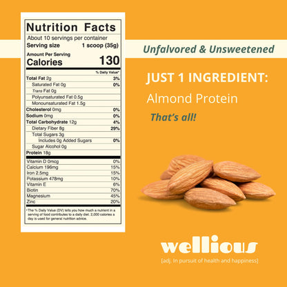 wellious Almond Protein Powder (Unflavored, Unsweetened) - 18 Grams of Pure Healthiest Vegan Protein for Women & Men | Soy-Free & Gut Friendly Protein - dailyvitalstore