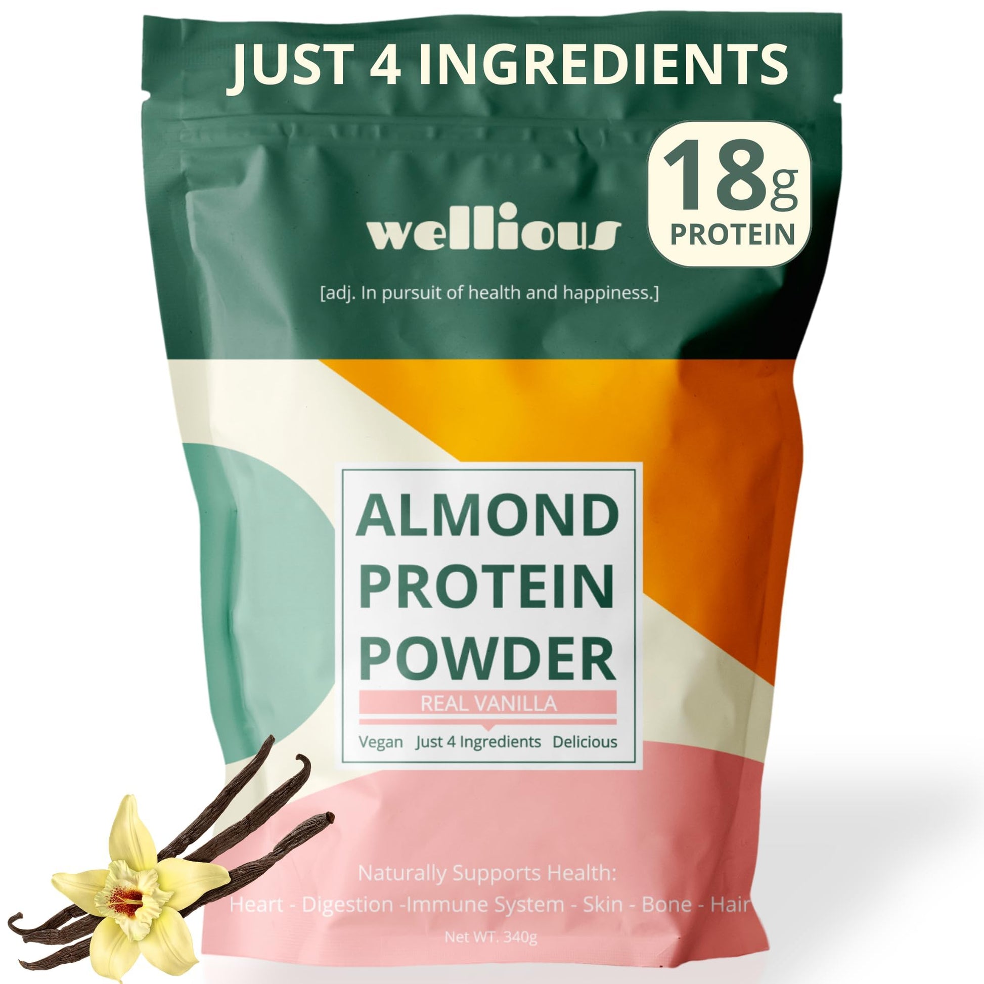 wellious Almond Protein Powder (Vanilla) - 18 Grams of Pure Healthiest Vegan Protein for Women & Men - Perfect Soy-Free & Smooth Gut Friendly Protein Powder for Sports Nutrition - dailyvitalstore