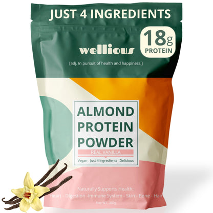 wellious Almond Protein Powder (Vanilla) - 18 Grams of Pure Healthiest Vegan Protein for Women & Men - Perfect Soy-Free & Smooth Gut Friendly Protein Powder for Sports Nutrition - dailyvitalstore
