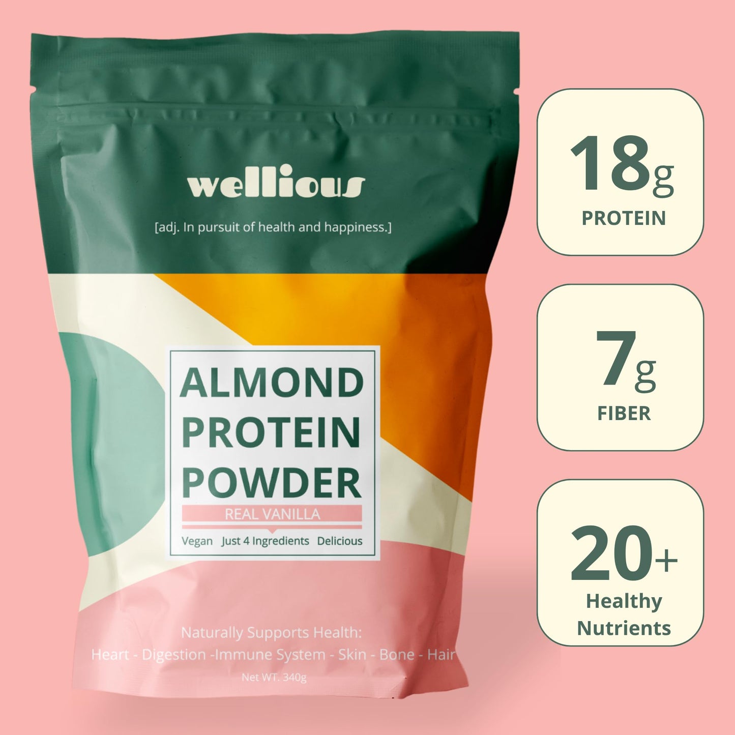 wellious Almond Protein Powder (Vanilla) - 18 Grams of Pure Healthiest Vegan Protein for Women & Men - Perfect Soy-Free & Smooth Gut Friendly Protein Powder for Sports Nutrition - dailyvitalstore