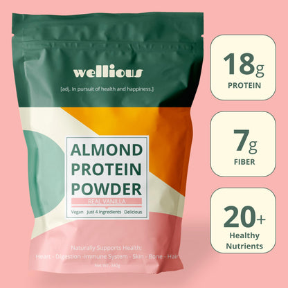 wellious Almond Protein Powder (Vanilla) - 18 Grams of Pure Healthiest Vegan Protein for Women & Men - Perfect Soy-Free & Smooth Gut Friendly Protein Powder for Sports Nutrition - dailyvitalstore