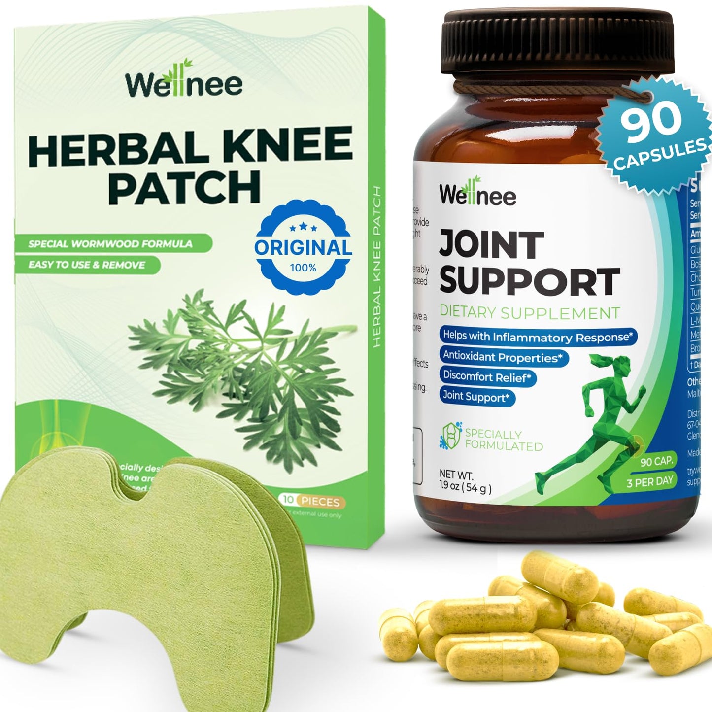 Wellnee Knee & Joint Wellness Bundle – Herbal Patches (10 pcs) & Support Capsules (90 servings) - dailyvitalstore