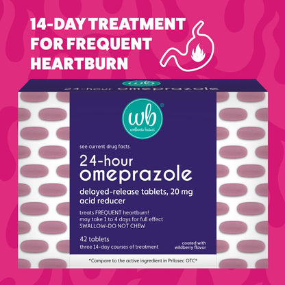 Wellness Basics Omeprazole 20mg Delayed Release | Acid Reducer | 42 Count | Tablet | Treats Frequent Heartburn (Wildberry) - dailyvitalstore