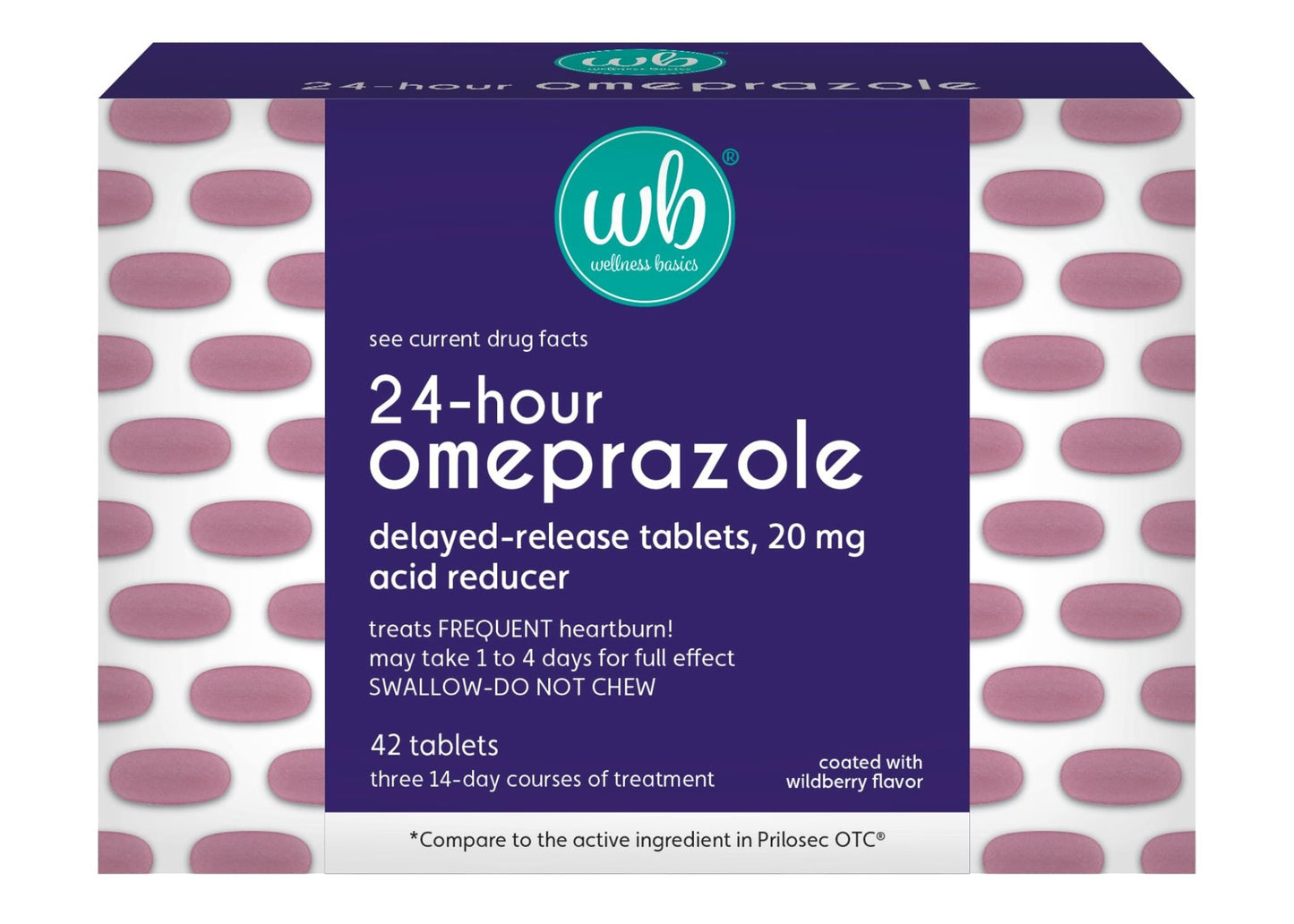 Wellness Basics Omeprazole 20mg Delayed Release | Acid Reducer | 42 Count | Tablet | Treats Frequent Heartburn (Wildberry) - dailyvitalstore
