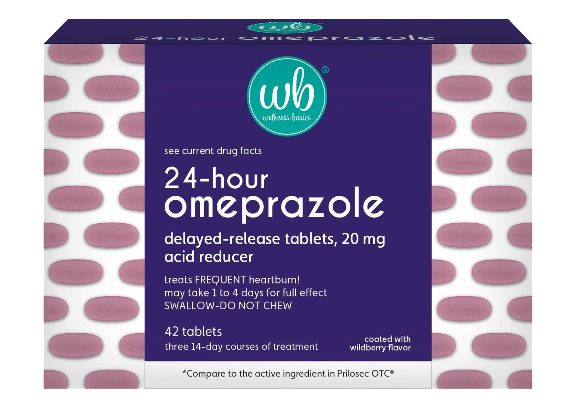 Wellness Basics Omeprazole 20mg Delayed Release | Acid Reducer | 42 Count | Tablet | Treats Frequent Heartburn (Wildberry) - dailyvitalstore