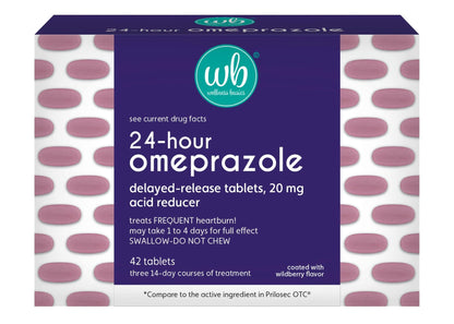 Wellness Basics Omeprazole 20mg Delayed Release | Acid Reducer | 42 Count | Tablet | Treats Frequent Heartburn (Wildberry) - dailyvitalstore