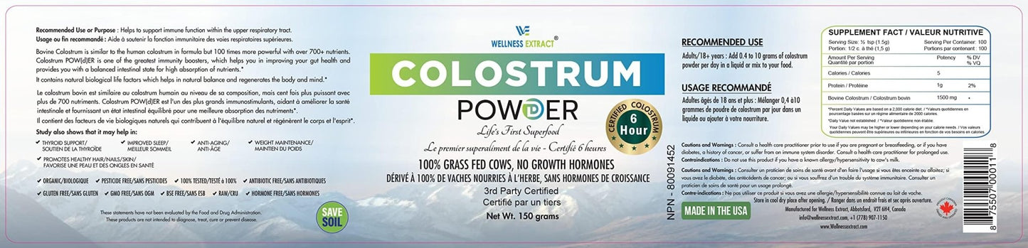 WELLNESS EXTRACT Bovine Colostrum Powder Rich in Protein & Lactoferrin- The True Certified Supplement for Immune Support, Gut Health, Muscle Growth - 150g - dailyvitalstore