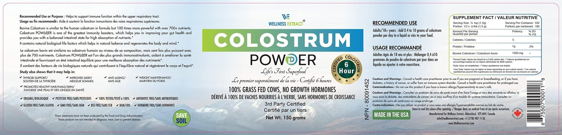 WELLNESS EXTRACT Bovine Colostrum Powder Rich in Protein & Lactoferrin- The True Certified Supplement for Immune Support, Gut Health, Muscle Growth - 150g - dailyvitalstore