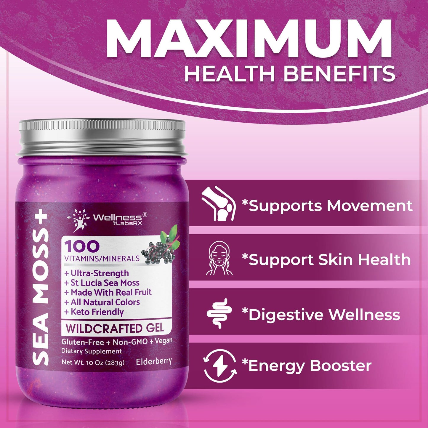 WELLNESS LABSRX Irish Sea Moss Gel Raw - Wildcrafted Superfood Seamoss Gel - Elderberry Flavor, Vitamin and Mineral-Rich from Pristine Caribbean Waters, Immune and Digestive Health Support - 10 oz. - dailyvitalstore