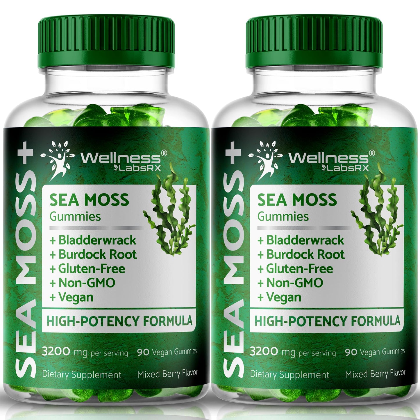 WELLNESS LABSRX Sea Moss Gummies, 3200mg Irish Sea Moss Mixed Berry Flavor with Maximum Potency Bladderwrack and Burdock Root - Supports Skin, Energy and Immunity - 180 Count - dailyvitalstore