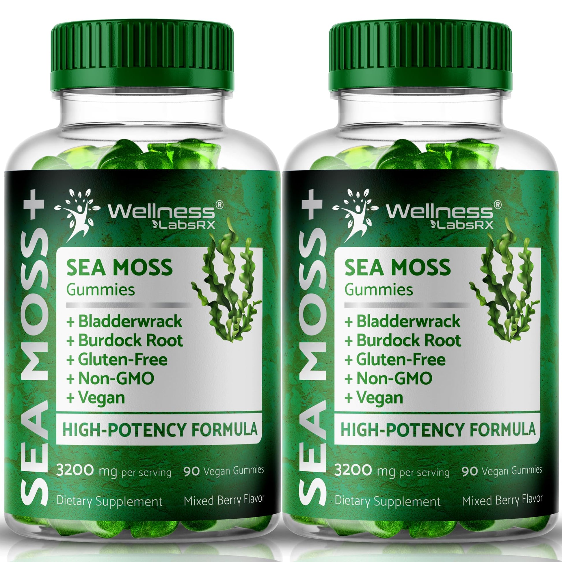 WELLNESS LABSRX Sea Moss Gummies, 3200mg Irish Sea Moss Mixed Berry Flavor with Maximum Potency Bladderwrack and Burdock Root - Supports Skin, Energy and Immunity - 180 Count - dailyvitalstore