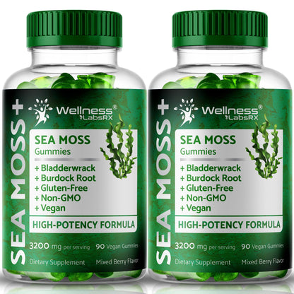 WELLNESS LABSRX Sea Moss Gummies, 3200mg Irish Sea Moss Mixed Berry Flavor with Maximum Potency Bladderwrack and Burdock Root - Supports Skin, Energy and Immunity - 180 Count - dailyvitalstore