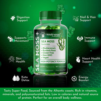 WELLNESS LABSRX Sea Moss Gummies, 3200mg Irish Sea Moss Mixed Berry Flavor with Maximum Potency Bladderwrack and Burdock Root - Supports Skin, Energy and Immunity - 90 Count - dailyvitalstore