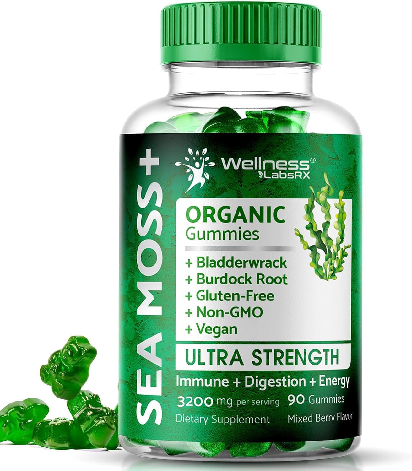 WELLNESS LABSRX Sea Moss Gummies, 3200mg Irish Sea Moss Mixed Berry Flavor with Maximum Potency Bladderwrack and Burdock Root - Supports Skin, Energy and Immunity - 90 Count - dailyvitalstore