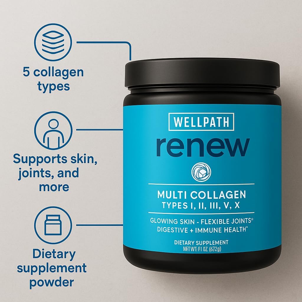 WellPath Multi Collagen Peptides Powder for Women | Renew Multi Collagen Protein for Hair, Nails, Skin | Hydrolyzed Bovine, Marine, & Chicken Sources | Types I, II, III, V, X | 11 oz | 40 Servings - dailyvitalstore